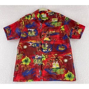 Waikiki Holiday Red Hawaiian Luau Button-Up Shirt Mens VTG Short Sleeve Size L